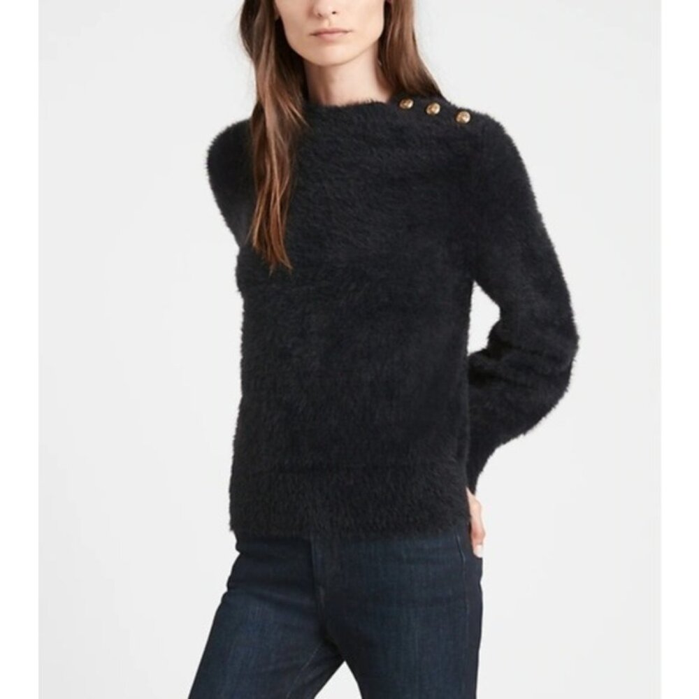 Banana Republic Black Fuzzy Puff-Sleeve‎ Sweater Size S Gold Buttons Cozy Knit